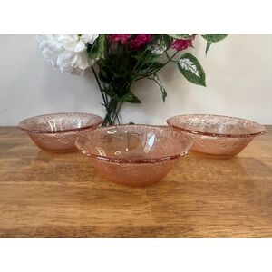 Vintage KIG Indonesia Pink Grape Vine Glass Soup Bowls Set of 3 Retro Dining